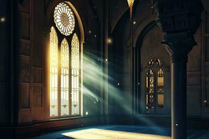 AI generated Islamic background light with mosque window ornament scene photo