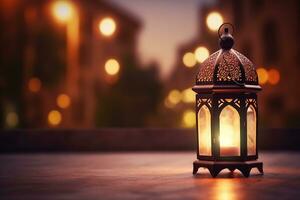 AI generated Ornamental Arabic lantern glowing on table for Muslim holy month Ramadan Kareem photo