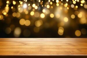 AI generated Empty rustic wooden table in front of christmas light night,abstract circular bokeh background photo