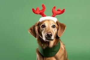 AI generated portrait of a cute puppy wearing a christmas reindeer headband photo