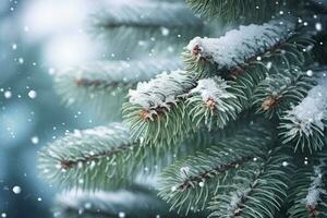 AI generated Snowflakes settling on pine branches under soft winter moonlight photo