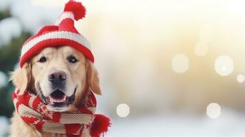 AI generated cute dog wearing Santa clause hat and scarf photo