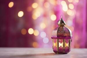 AI generated Eid decorative traditional lamps on purple bokeh background photo