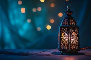 AI generated Ornamental Arabic lanterns. Glittering golden bokeh lights on the table photo