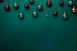 AI generated christmas holidays composition of fir tree branches with baubles and copy space photo