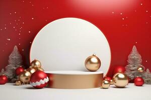 AI generated merry Christmas 3d rendered red Podium display for event photo