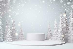AI generated merry Christmas 3d rendered white Podium display for event photo