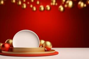 AI generated merry Christmas 3d rendered red Podium display for event photo