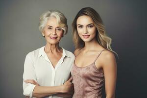 AI generated Portrait of young woman with her mature mother on isolated background photo