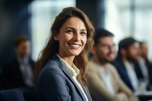 ai generado retrato de exitoso y contento mujer de negocios, oficina trabajador sonriente y mirando a cámara, trabajando dentro moderno oficina. foto