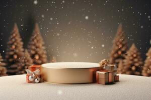 AI generated merry Christmas 3d rendered red Podium display for event photo