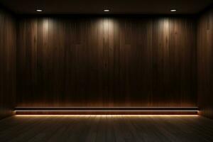 AI generated 3d rendered empty wooden room with lights and copy space photo