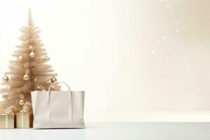 AI generated Christmas tree with gifts and shopping bag on white background with copy space photo