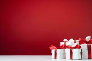 AI generated white gift boxes with silk ribbon bows and golden confetti on isolated red background photo