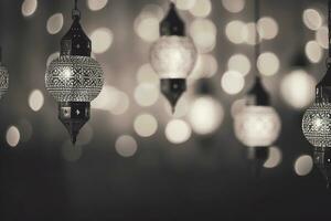 AI generated Hanging Ornamental Arabic lantern glowing for Muslim holy month Ramadan Kareem photo