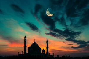 ai generado islámico antecedentes de silueta islámico mezquita a noche con Luna en azul cielo foto