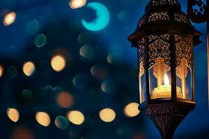 AI generated An illuminated Arabic colorful hanging Ramadan lantern photo