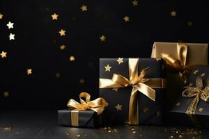 AI generated black and golden gifts boxes on black background photo