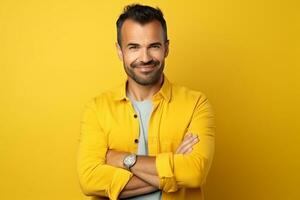 AI generated Happy handsome young man standing with arms crossed over yellow wall photo