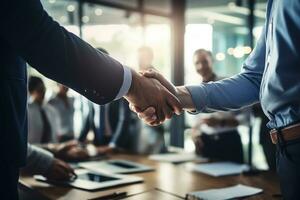 AI generated Businessmen making handshake with partner, greeting, dealing, merger and acquisition, business joint venture concept, for business photo