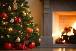 AI generated View of beautifully decorated christmas tree in home photo