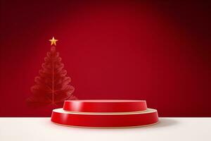 AI generated merry Christmas 3d rendered red Podium display for event photo