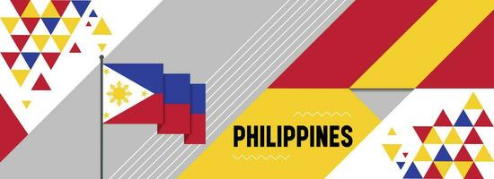 Philippines national or independence day banner design for country celebration. Flag of Filipino with modern retro design and abstract geometric icons. Vector illustration