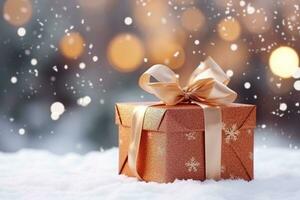 AI generated christmas gift box on snowy background with copy space photo