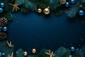 AI generated christmas holidays composition of fir tree branches with baubles and copy space photo