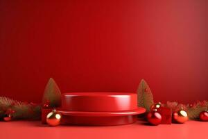 AI generated 3d rendered red Podium display for merry Christmas event photo