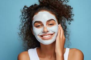 AI generated Headshot of cheerful girl with white clay mask, touches face photo