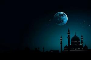 ai generado un mezquita en noche y Luna en antecedentes Ramadán kareem celebracion foto