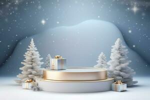 AI generated 3d rendered white and snowy Podium display for merry Christmas event photo