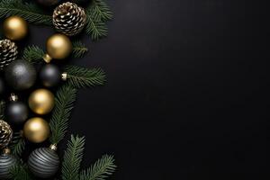 ai generado Navidad Días festivos composición de abeto árbol ramas con adornos y Copiar espacio foto