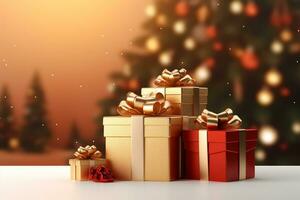 AI generated Christmas presents on wooden table decorated fir tree and fire place winter holidays concept photo