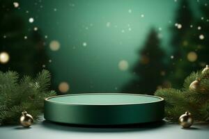 AI generated merry Christmas 3d rendered red Podium display for event photo