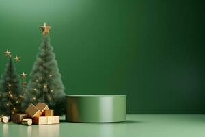 AI generated 3d rendered green Podium display for merry Christmas event photo