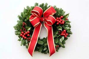 AI generated Christmas Wreath Made of Pine Branches and bauble on white background photo