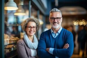 ai generado medio Disparo sonriente negocio equipo en moderno oficina foto