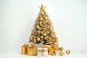 ai generado hermosamente decorado Navidad árbol en blanco antecedentes foto