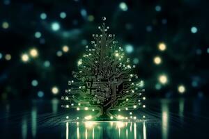 AI generated Christmas tree made with circuit board technology concept photo