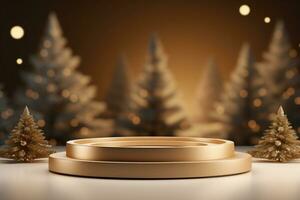 AI generated merry Christmas 3d rendered red Podium display for event photo