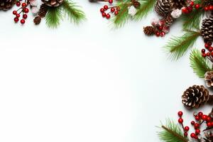 AI generated Christmas composition of fir tree branches with baubles on white background photo