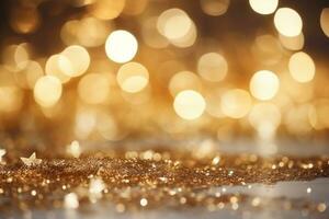 AI generated golden christmas particles and sprinkles for a holiday celebration like christmas or new year. shiny golden lights. wallpaper background photo