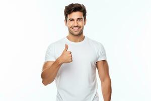 AI generated handsome bearded man doing thumbs up on isolated white background photo