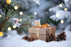 AI generated Christmas gift boxes with shiny lights background Copy space on snowy background photo