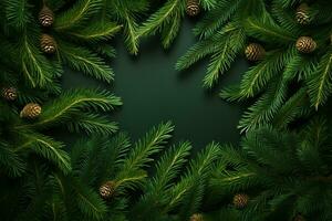 ai generado Navidad composición de abeto árbol ramas en negro antecedentes foto