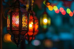 AI generated An illuminated Arabic colorful hanging Ramadan lantern photo