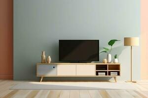 AI generated 3d rendered Minimal style Modern tv led on the cabinet in modern living room on pastel background photo