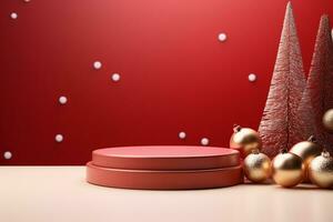 AI generated merry Christmas 3d rendered red Podium display for event photo